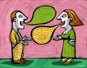 Man and woman with thought bubbles that match each other's clothing --- Image by © Alberto Ruggieri/Illustration Works/Corbis